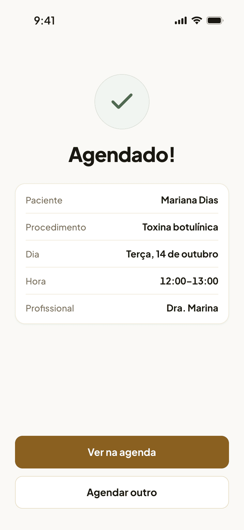 Consulta agendada no app do Cliniker, com a confirmação na tela