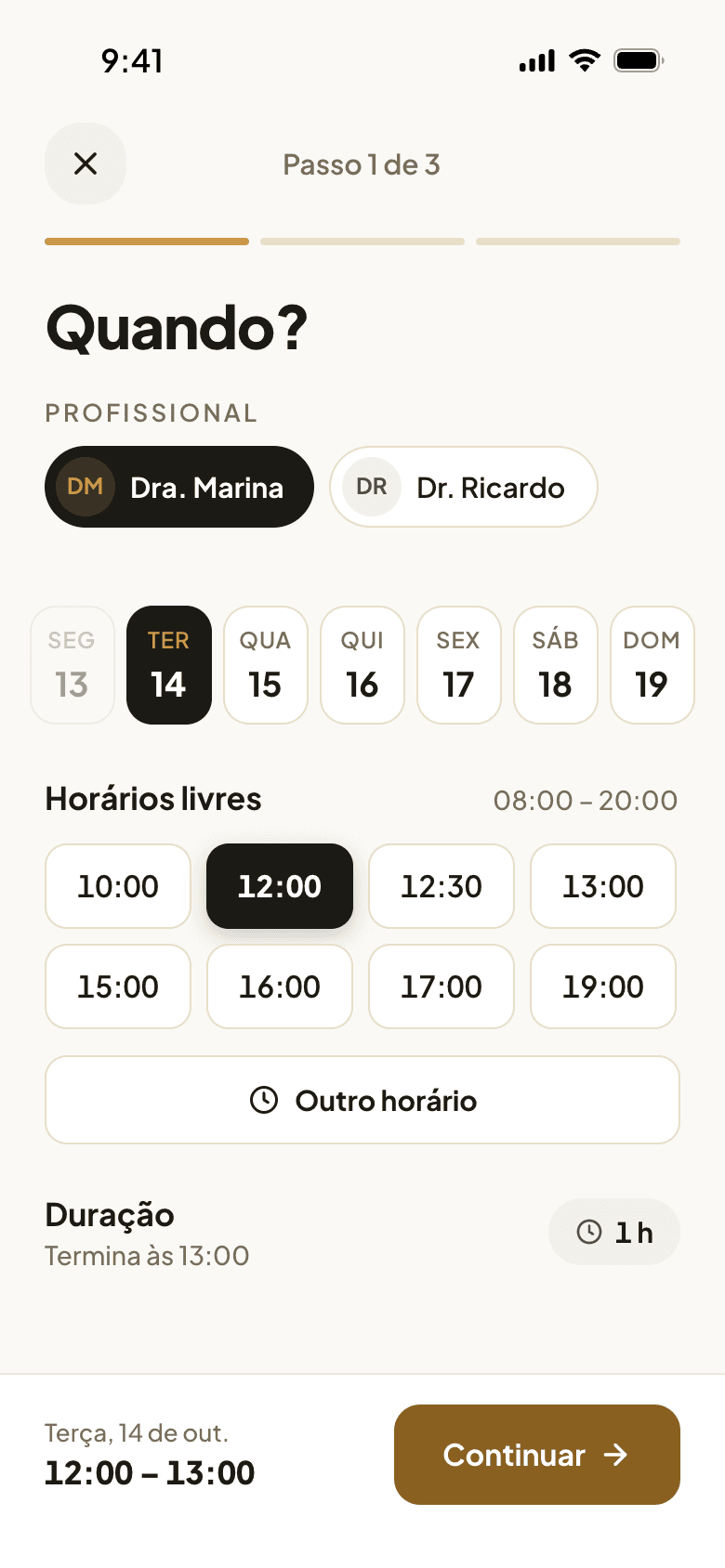 Primeiro passo do agendamento no app: escolher o dia e o horário livre