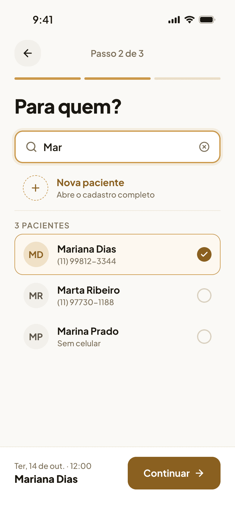Segundo passo do agendamento no app: escolher a paciente e o profissional