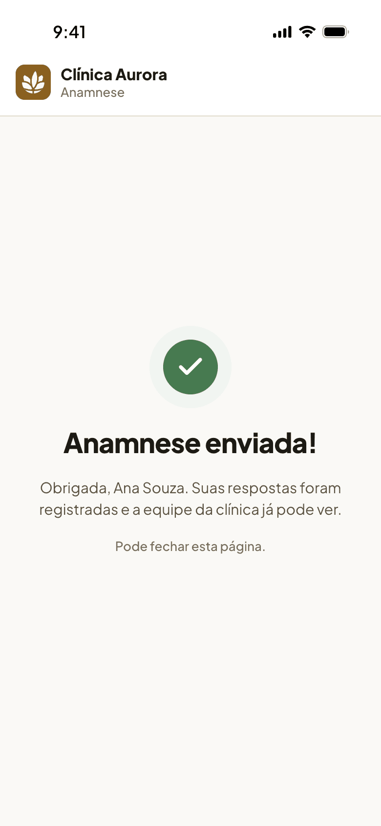 Confirmação de anamnese enviada, no celular da paciente