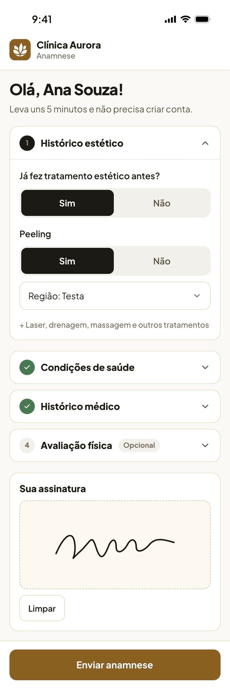 Anamnese aberta pelo link no celular da paciente, sem criar conta