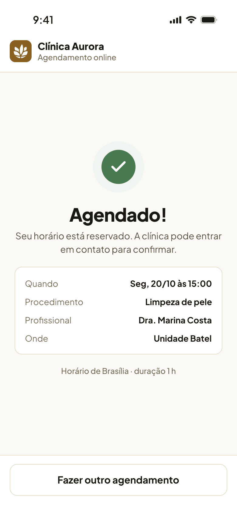 Agendamento online, passo 4: horário marcado e confirmado na tela