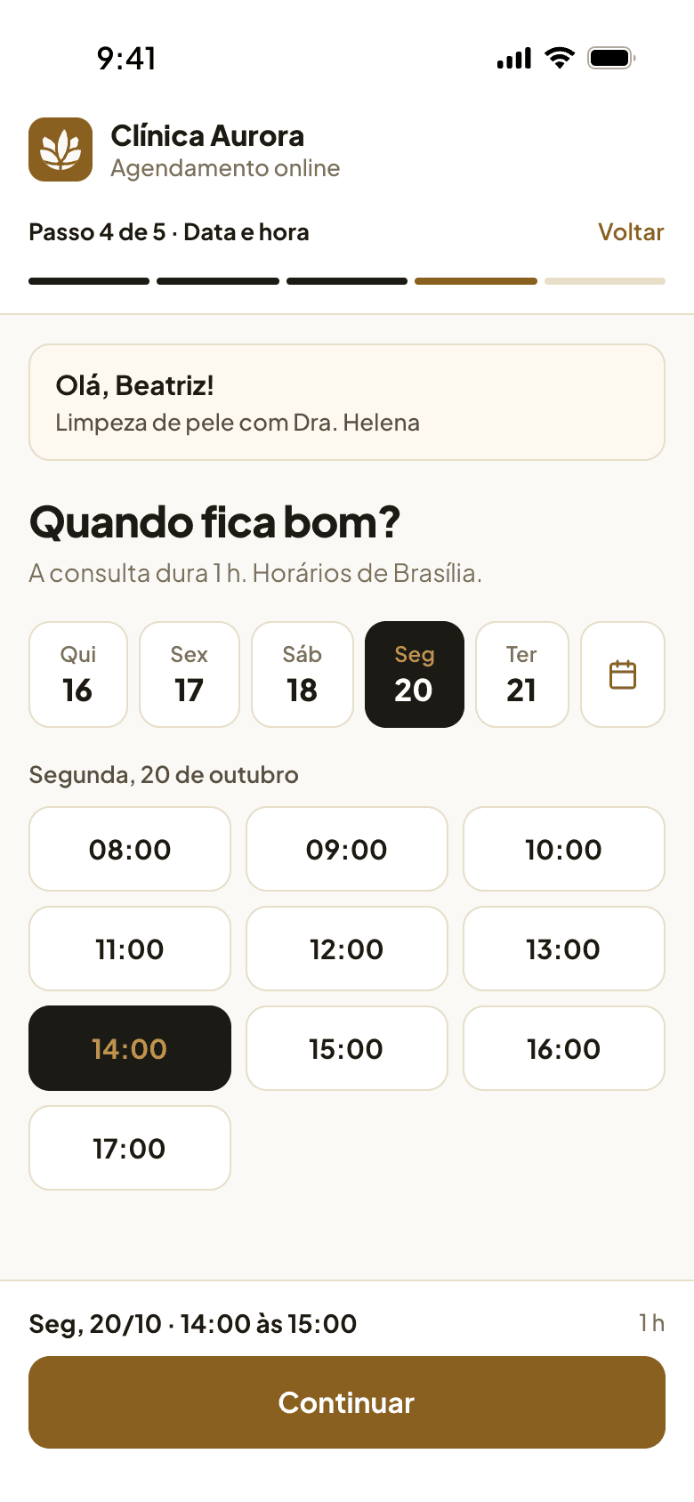 Agendamento online, passo 3: a paciente escolhe um horário livre
