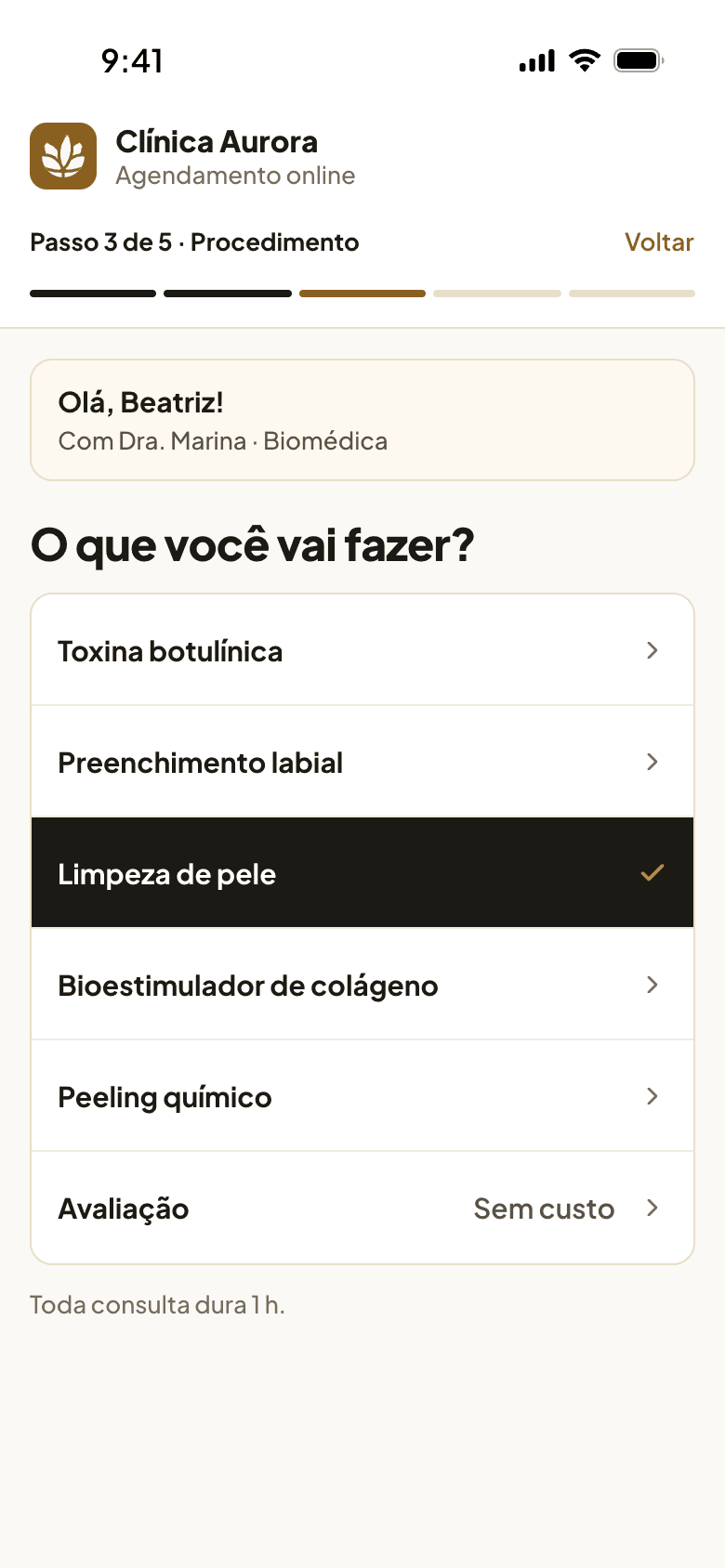 Agendamento online, passo 2: a paciente escolhe o procedimento