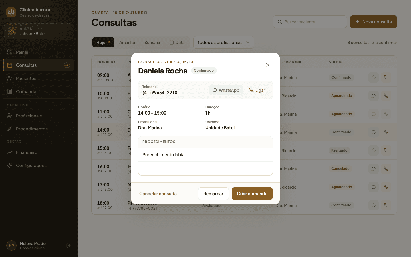 Detalhe de uma consulta no Cliniker, com paciente, profissional, horário e status