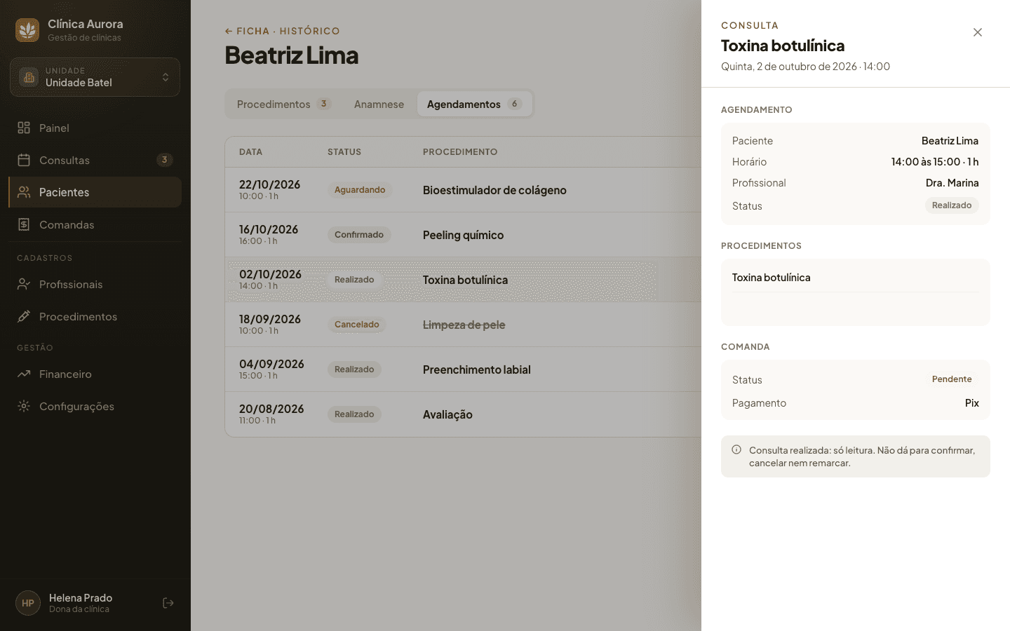 Histórico de atendimentos da paciente no Cliniker, com o detalhe de cada visita