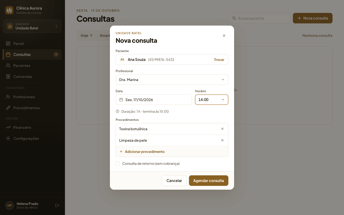 Tela de nova consulta no Cliniker, com paciente, profissional, data e procedimentos