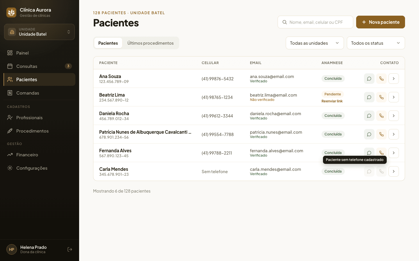 Lista de pacientes no Cliniker, com busca pelo nome