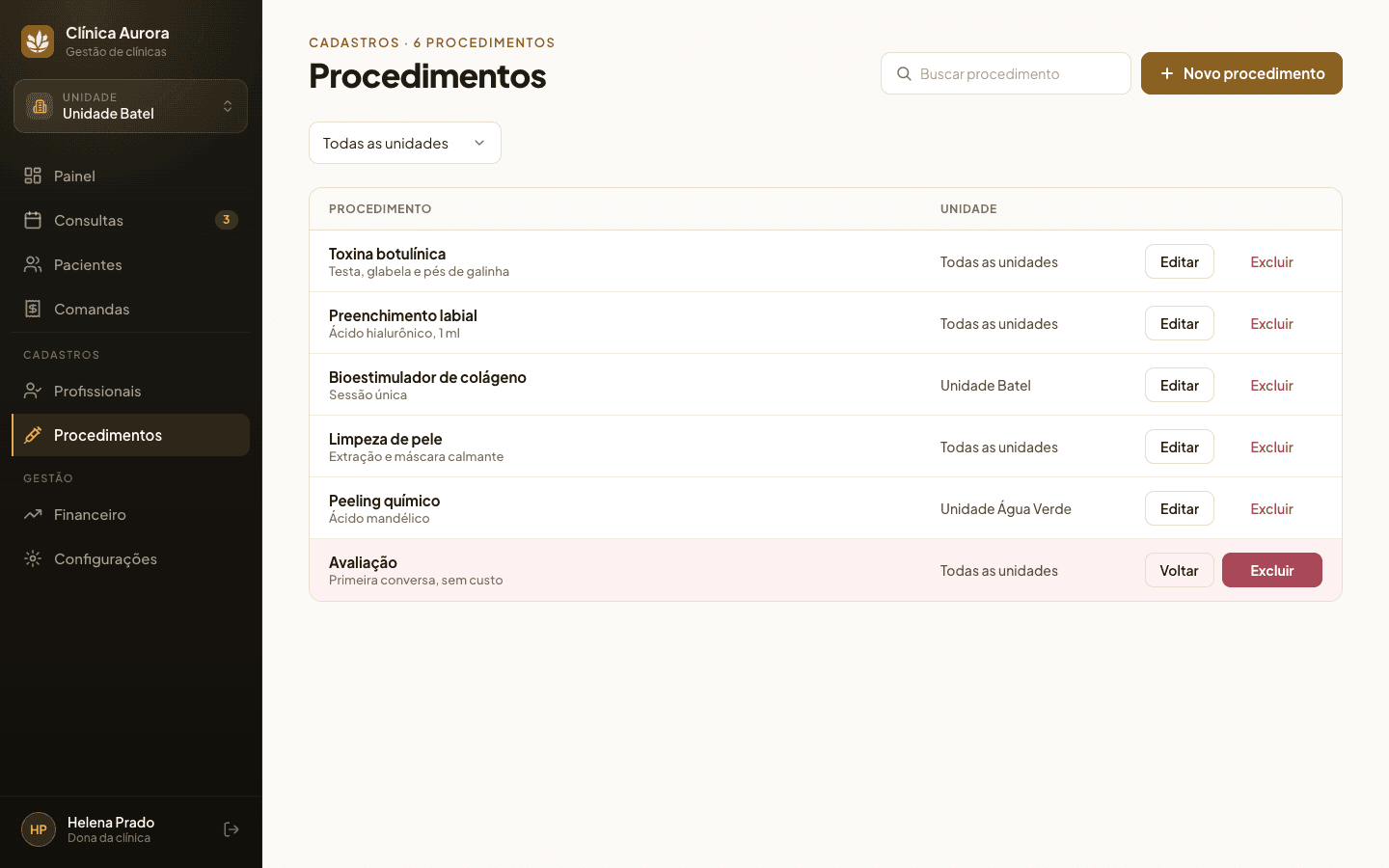 Lista de procedimentos no Cliniker, com descrição e unidades onde são feitos